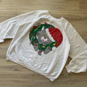 Christmas Cat Sweatshirt Vintage 90's Unisex Large Granny Holiday Kitty READ